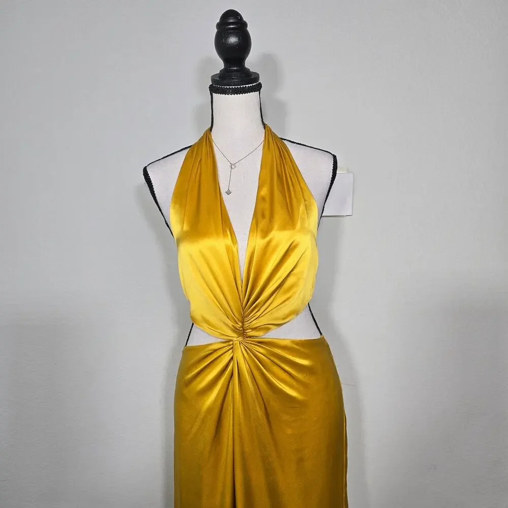 Reformation Silk Halter Maxi Dress Sz 4 Gold Cutout Backless Formal Evening Luxe - Picture 5 of 13